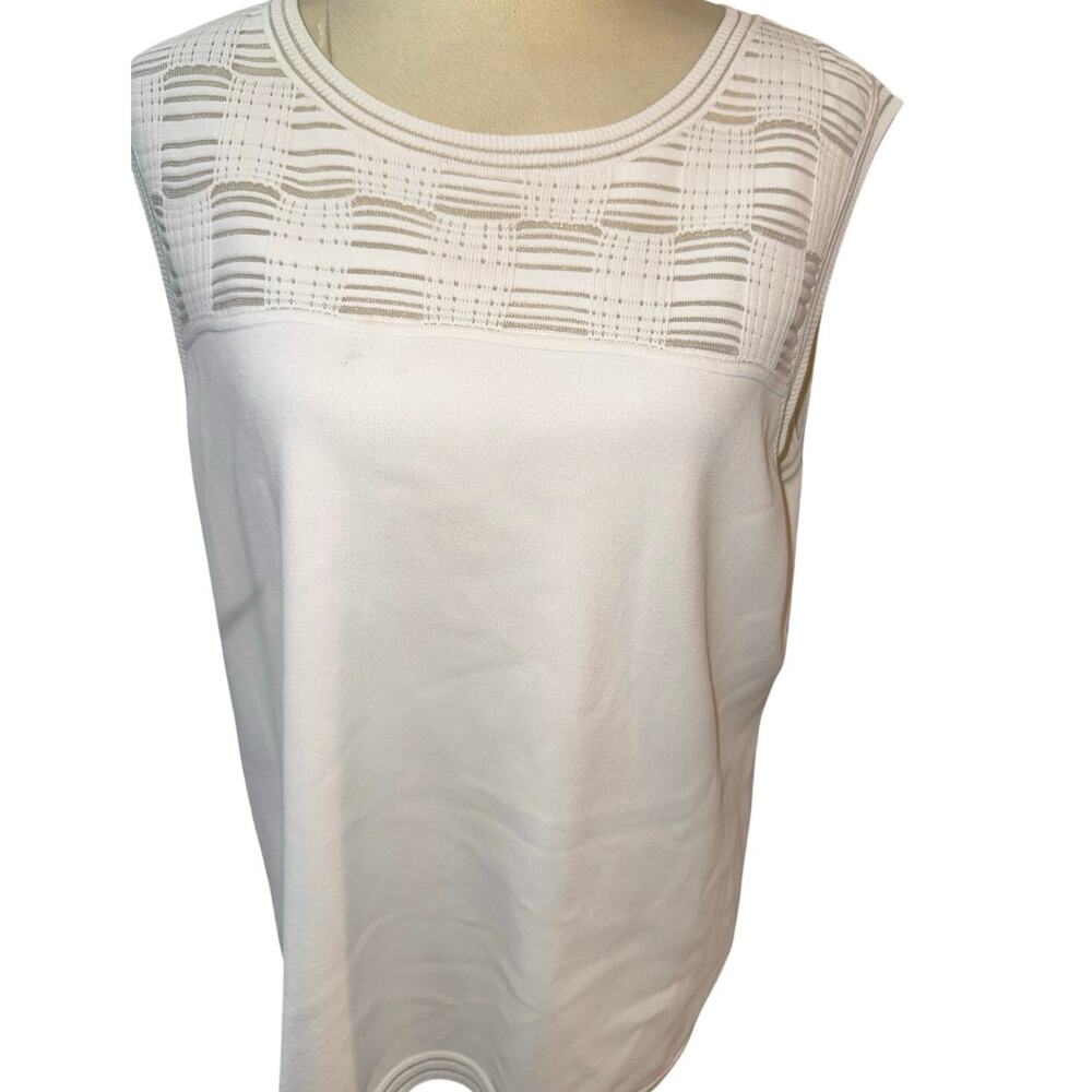 St. John Ivory Sleeveless Knit Blouse, Open Weave Yoke Tank, Size XL